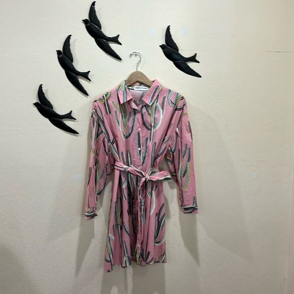 Sorry, Too Much Love Saguaro Cactus Print Cotton Shirt Dress With Belt - Pink XL - Picture 12 of 12